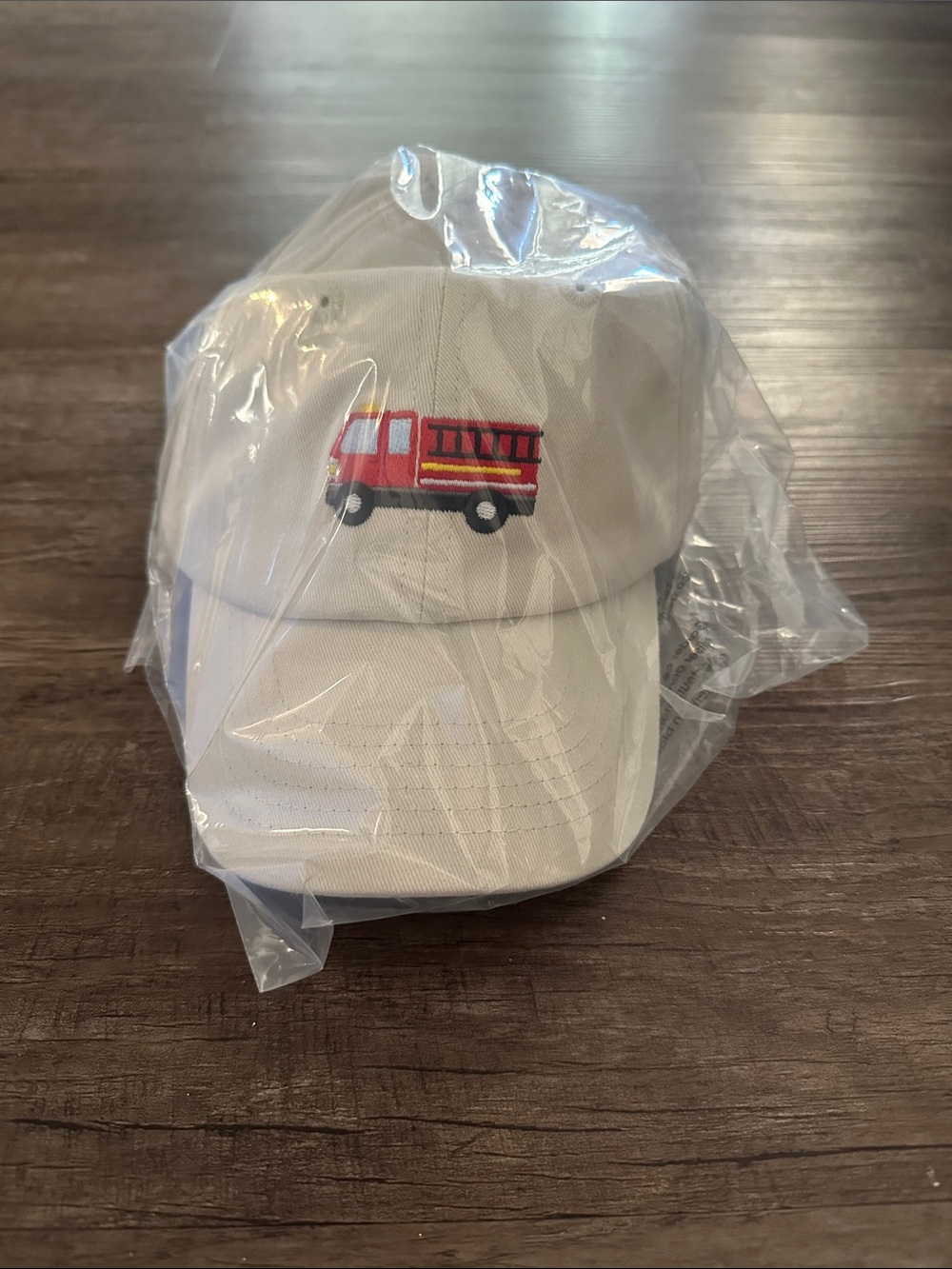 Kids Beige Cap with Red Fire Truck Embroidery